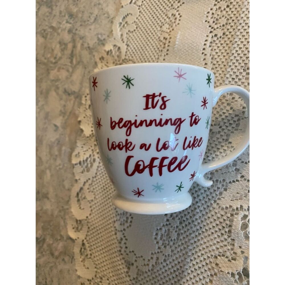 Opalhouse White Mug with Red Script and Green & Pink Star Accents